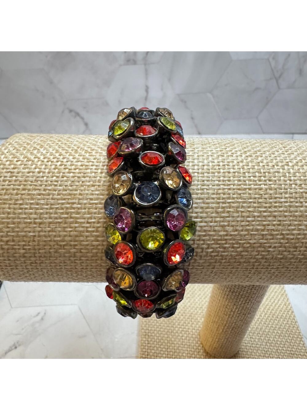Chunky Multicolor Rhinestone Stretch Bracelet Gunmetal Tone 5 Row Jewel Tone EUC